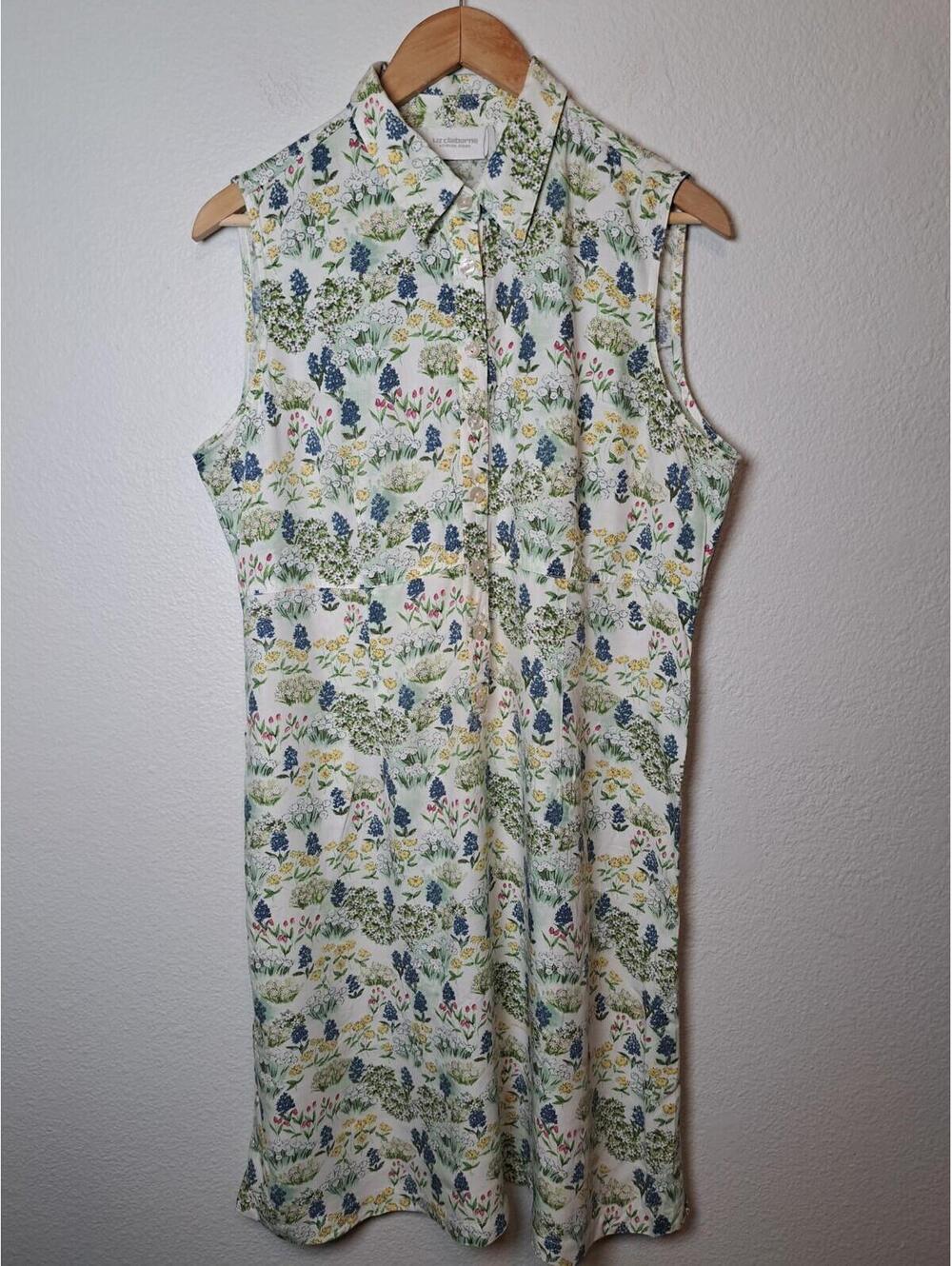 Liz Claiborne Sleeveless Dress Womens 14 Resort Cruise Cotton Blue Bonnet Floral